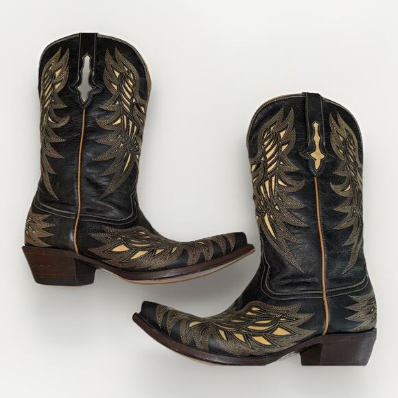 Womans Lucchese M3582 Black Crackle Lazer Design Bone Inlay Cowboy Boots 9.5 B - Picture 8 of 13